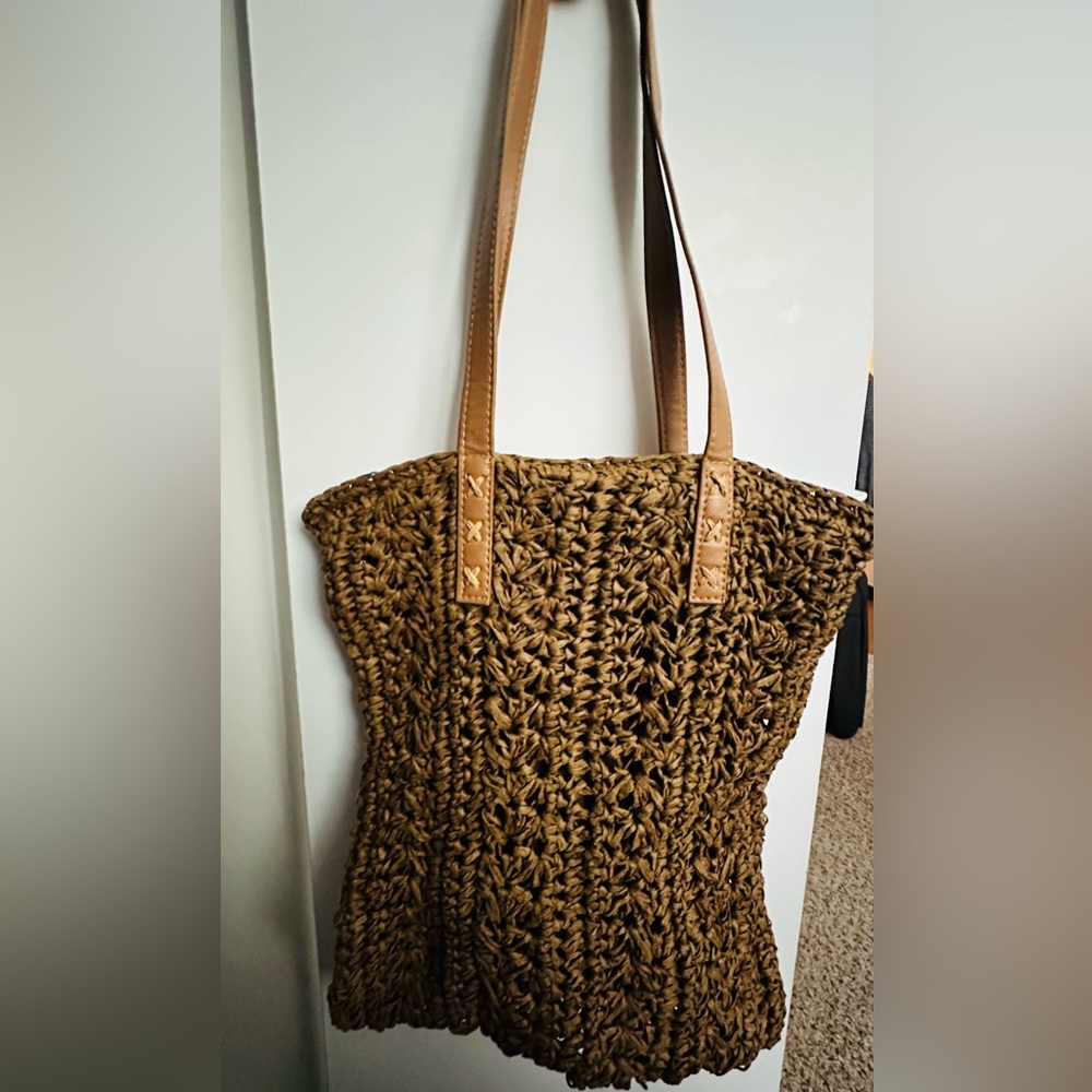 Shoulder/Tote  bag raffia pattern, deep brown, midd size